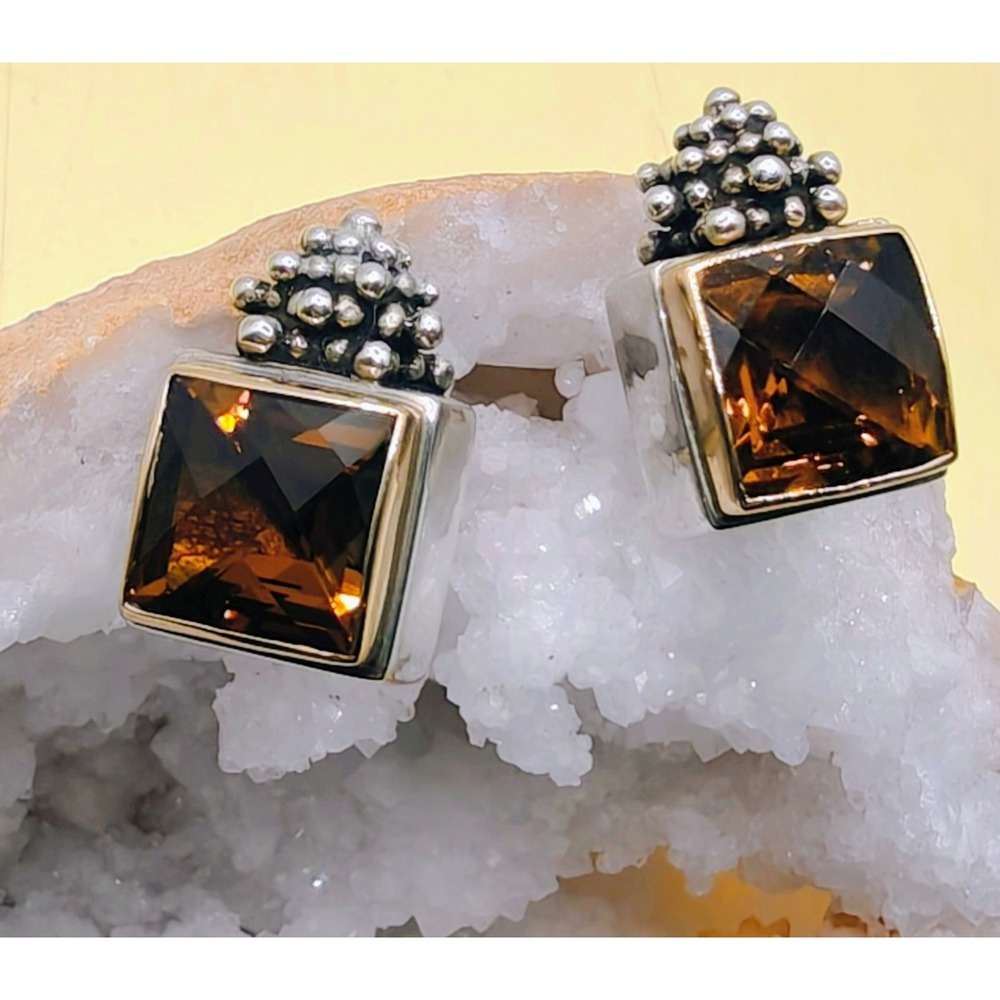 Michael Dawkins Sterling Silver 14K Gold Smoky Quartz Granulated Stud Earrings